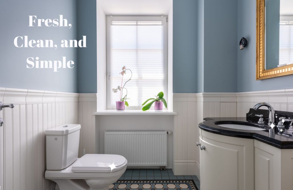 Clean, blue and white bathroom, ready for guests
